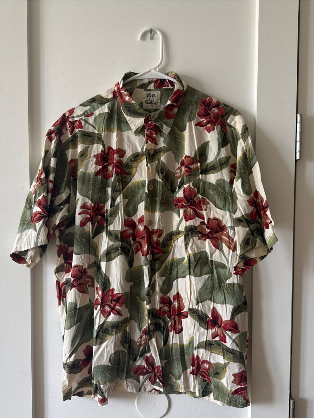 Pau Hana Hawaiian Print Shirt Aloha Green Red Floral Cotton Size Large